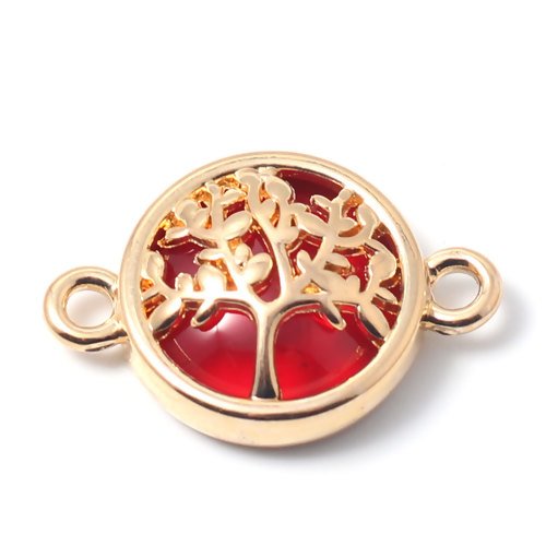 1 connecteur - pendentif  arbre de vie - perle rouge  -  métal doré - r589