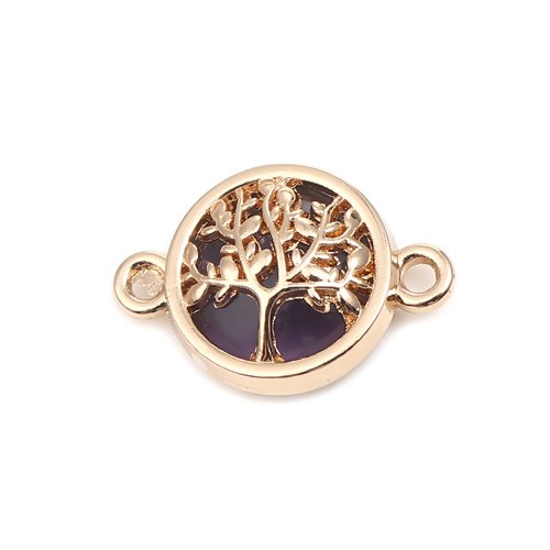 1 connecteur - pendentif  arbre de vie - perle mauve -  métal doré - r652