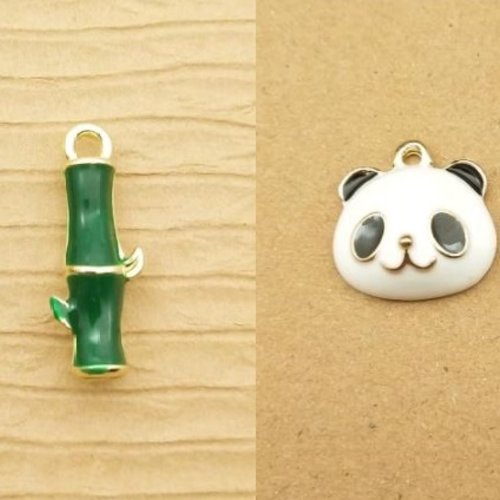 1 breloque pendentif - panda et bambou - emaillé - couleur doré
