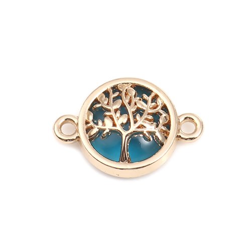 1 connecteur - pendentif  arbre de vie - perle bleu paon  -  métal doré - r651