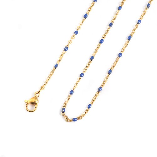 1 collier chaîne maille forçat - perle bleue - acier inoxydable -  couleur métal doré - 49.5 cm - r034