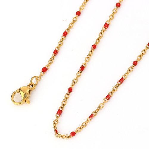 1 collier chaîne maille forçat - perle rouge - acier inoxydable -  couleur métal doré - 45.5 cm - r285