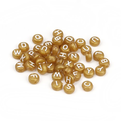1 lot de 500 perles rondes lettres alphabet en acrylique - lettres blanches sur fond doré
