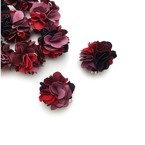 1 pendentif - breloque pompon fleurs - tons bordeaux - vieux rose - violet - r8410