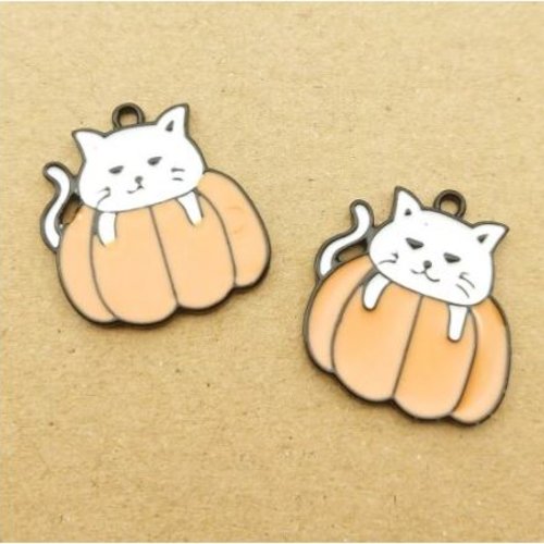 1 breloque - pendentif - halloween chat blanc citrouille - emaillé métal doré