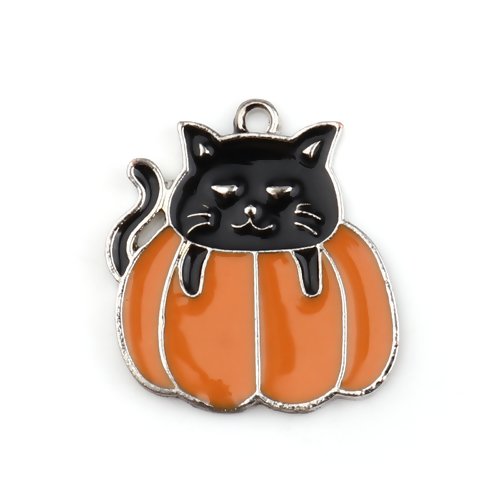 1 breloque - pendentif - halloween chat noir citrouille - emaillé métal argenté