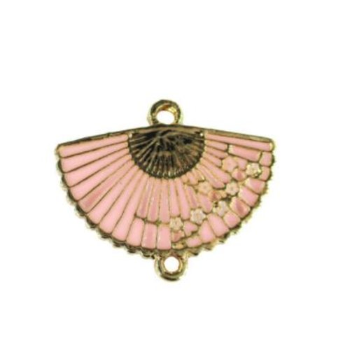 1 connecteur - pendentif  eventail - email couleur rose  -  métal doré
