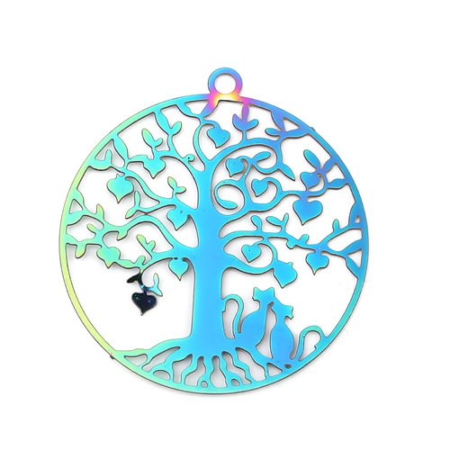 1 pendentif breloque - estampe - filigrane - arbre de vie - chats amoureux - acier inoxydable - r531