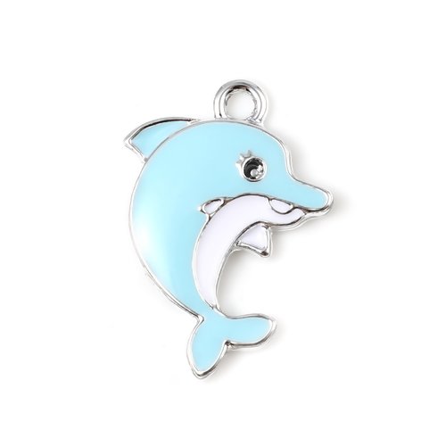 1 breloque - pendentif - dauphin - mer - emaillé - métal argenté - r002