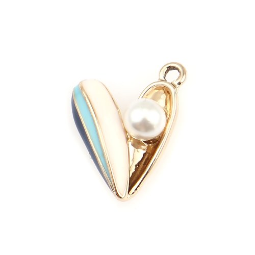 1 breloque - pendentif - coeur emaillé bleu et beige - perle nacrée - métal doré - r618