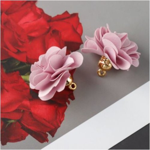 1 pendentif - breloque pompon fleurs - vieux rose - l2117