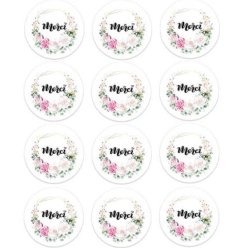 Lot de 12 étiquettes autocollantes " merci " - etiquette fleurs roses