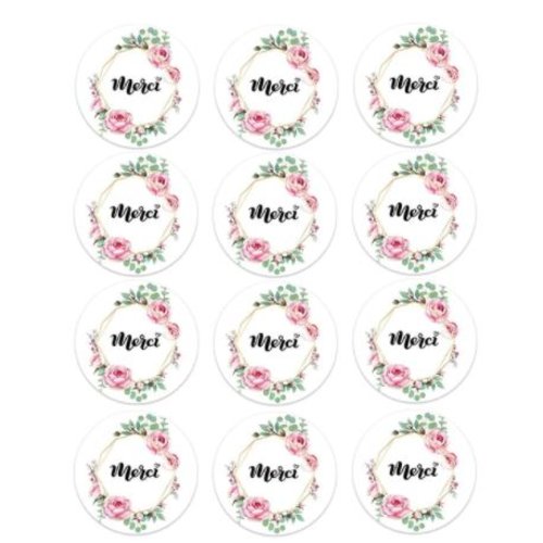 Lot de 12 étiquettes autocollantes " merci " - etiquette fleurs roses