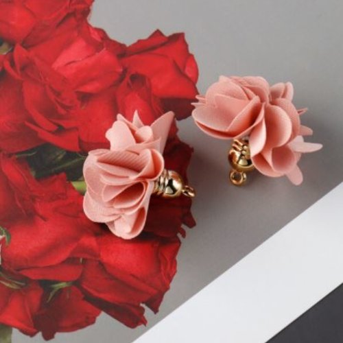 1 pendentif - breloque pompon fleurs - vieux rose - l2116