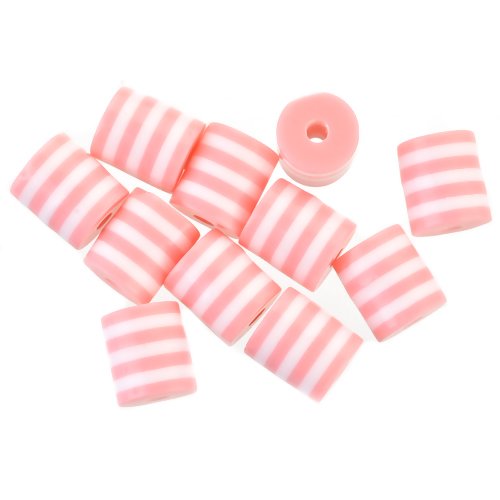 Lot de 10 perles tonneau tube tambour en résine - rose rayé blanc - p403
