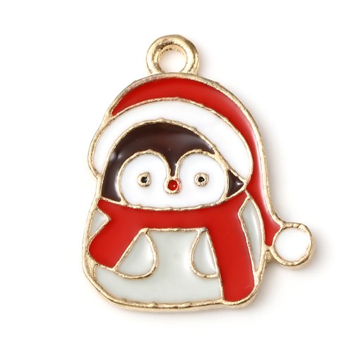 1 breloque pendentif  noel - pingouin - emaillé rouge et blanc - métal doré - r968