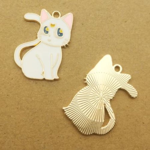 1 breloque pendentif chat blanc - emaillé - métal doré