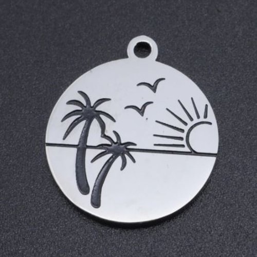 1 breloque - pendentif - palmier - soleil - voyage - acier inoxydable - métal argenté