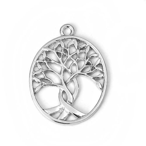 1 pendentif arbre de vie ovale - couleur métal argenté - r602
