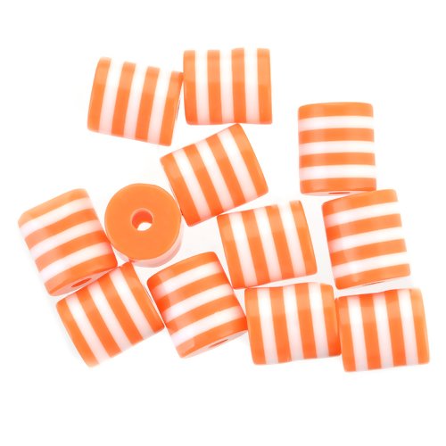 Lot de 10 perles tonneau tube tambour en résine - orange rayé blanc - p406