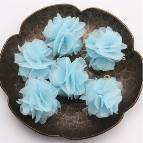 1 pendentif - breloque pompon fleurs - bleu - r4303