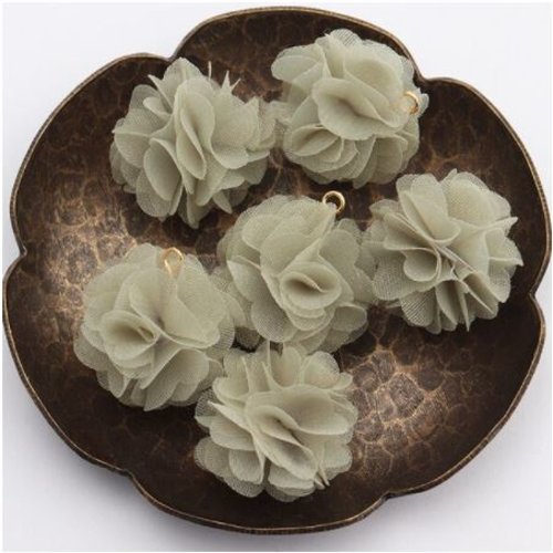 1 pendentif - breloque pompon fleurs - kaki - r4306