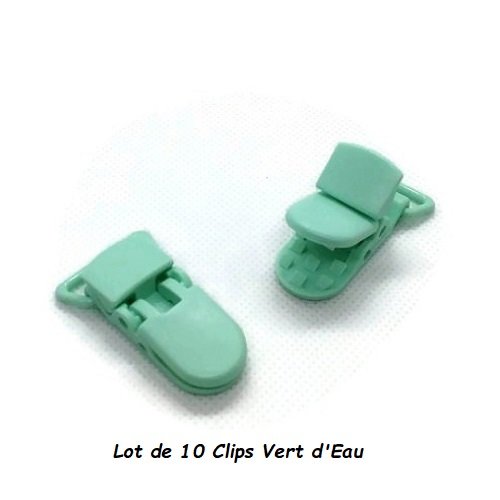 1 lot de 10 clips / pinces bretelle pour attache tétine ou doudou - plastique - vert d'eau