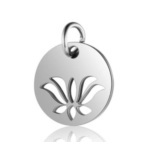 1 breloque - pendentif - fleur de lotus  - acier inoxydable - métal argenté
