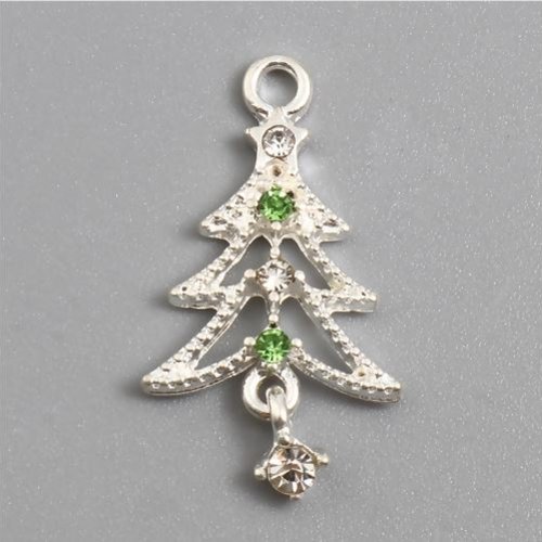 1 breloque - pendentif - sapin de noel - strass verte - métal argenté - r461