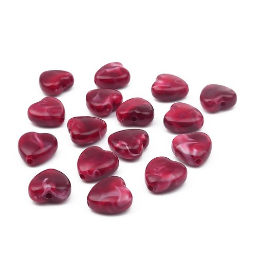 Lot de 5 perles en acrylique - coeur - effet marbré - couleur lie de vin - p910