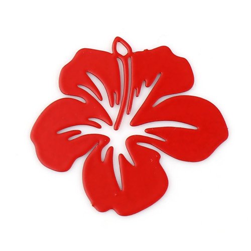 1 pendentif - estampe en filigrane - fleur hibiscus - rouge - r782