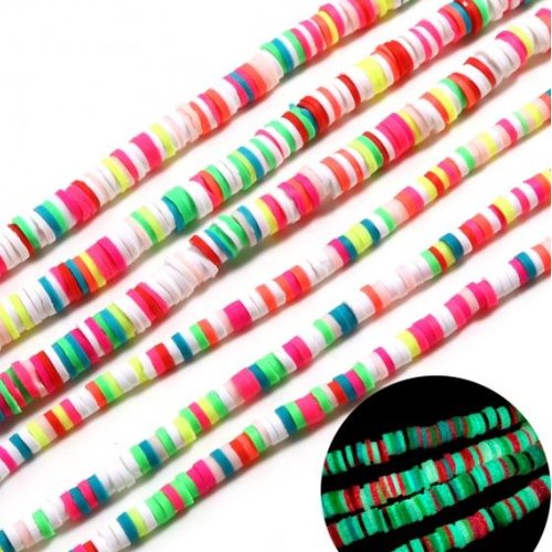 1 chapelet perles heishi - rondelles en pâte polymère - 4 mm - fluorescent - multicolores - r855