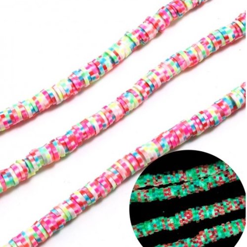 1 chapelet perles heishi - rondelles en pâte polymère - 6 mm - fluorescent - multicolores - r853