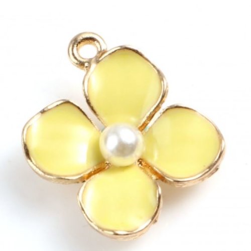 1 breloque fleur - émaillé jaune - perle nacré - couleur métal doré - r352