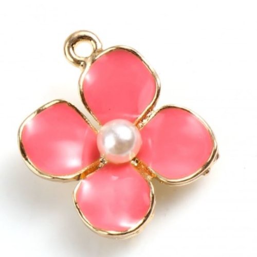 1 breloque fleur - émaillé rose foncé - perle nacré - couleur métal doré - r355