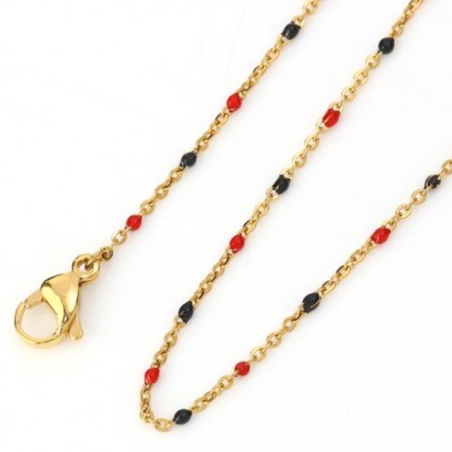 1 collier chaîne maille forçat - perle rouge et noire - acier inoxydable -  couleur métal doré - 49.5 cm - r284