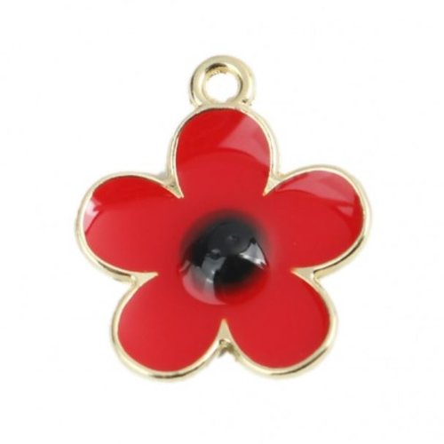 1 breloque - pendentif - fleur rouge - emaillé métal doré - r324
