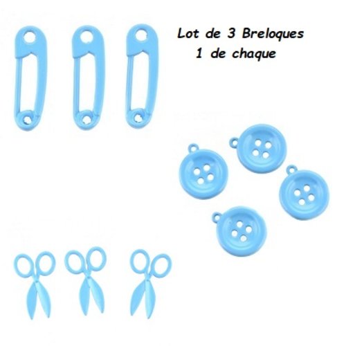 Lot de 3 breloques laqué bleu - epingle - bouton - paire de ciseaux