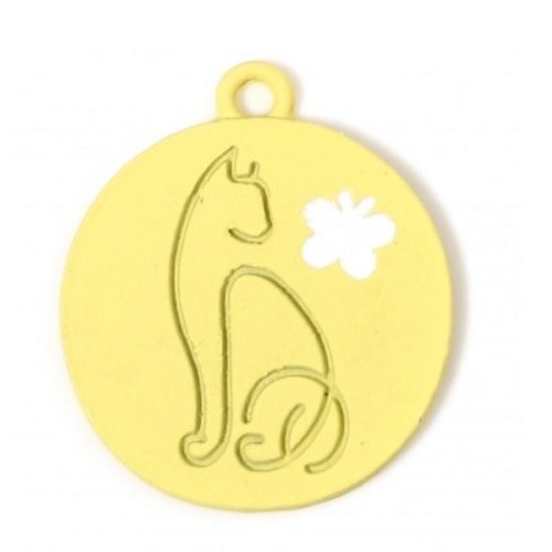 1 breloque - pendentif chat - laqué jaune