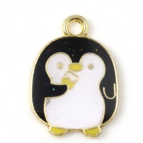 1 breloque pingouin - émaillé - métal doré - r589
