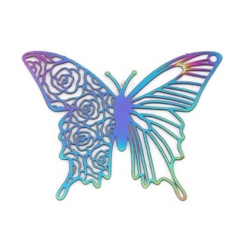 1 pendentif estampe en filigrane - papillon - acier inoxydable - couleur arc en ciel - r322