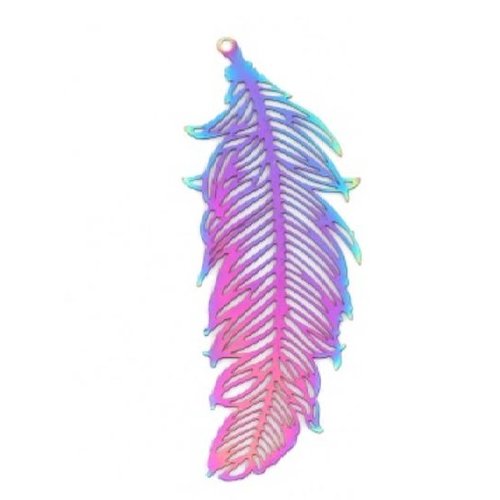 1 pendentif estampe en filigrane - plume - acier inoxydable - couleur arc en ciel