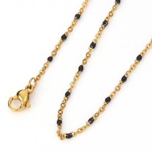 1 collier chaîne maille forçat - perle noire - acier inoxydable -  couleur métal doré - 45.5 cm - r288