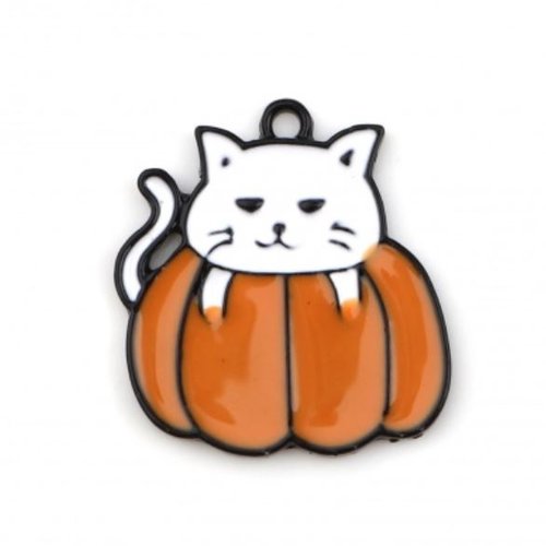 1 breloque - pendentif - halloween chat blanc citrouille - emaillé