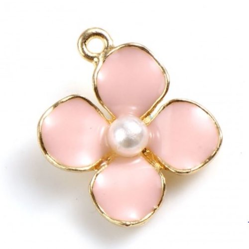 1 breloque fleur - émaillé rose - perle nacré - couleur métal doré