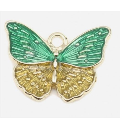 1 breloque papillon - émaillé vert et jaune - couleur métal doré - r222