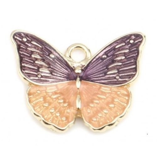 1 breloque papillon - émaillé violet et orange - couleur métal doré - r220