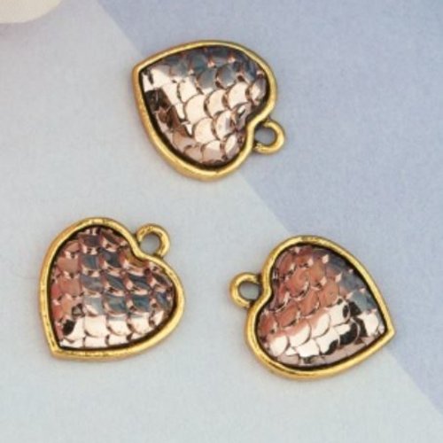 1 pendentif coeur écailles de dragon - sirène -  brique irisé - métal doré - r084
