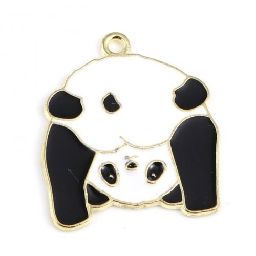 1 breloque - pendentif - panda emaillé - métal doré