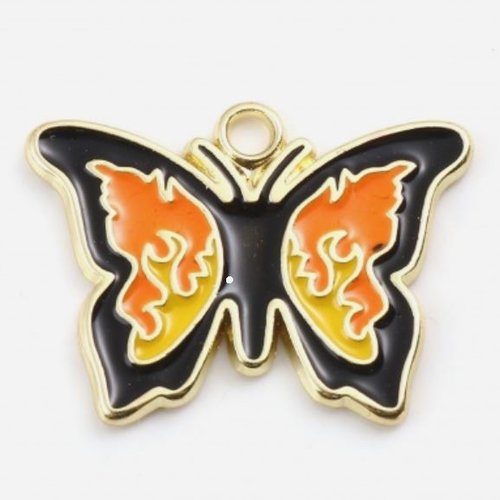 1 breloque - pendentif - papillon - orange et noir - r165